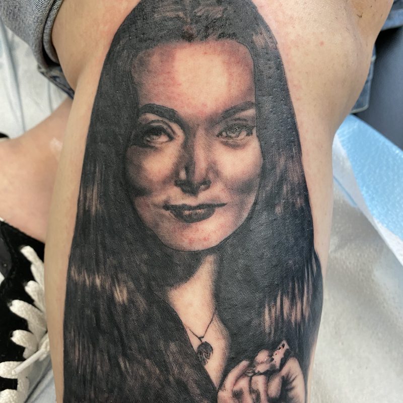 Morticia Addams portrait tattoo by Chunkytattoos